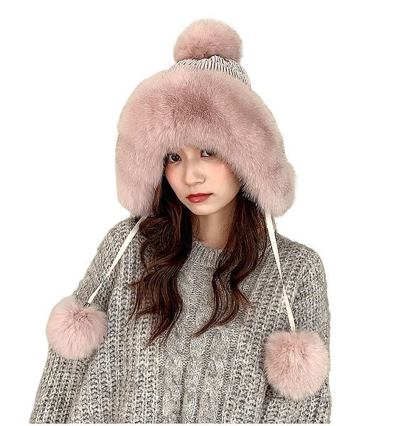 Echte Fuchspelzmütze Damen Ohrenklappen Ohrenschützer Mütze Winter Warm Beige Rosa Schwarz Grau