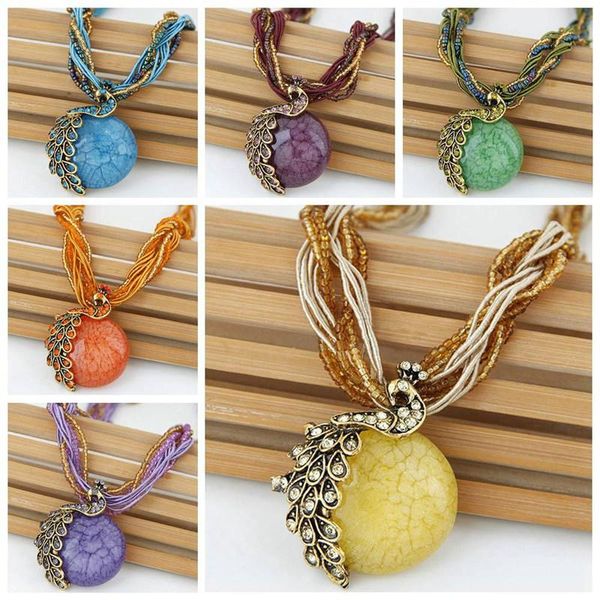 

pendant necklaces bohemia necklace crack peacock multilayer colorful natural stone beads chain vintage jewelry fashion for women, Silver