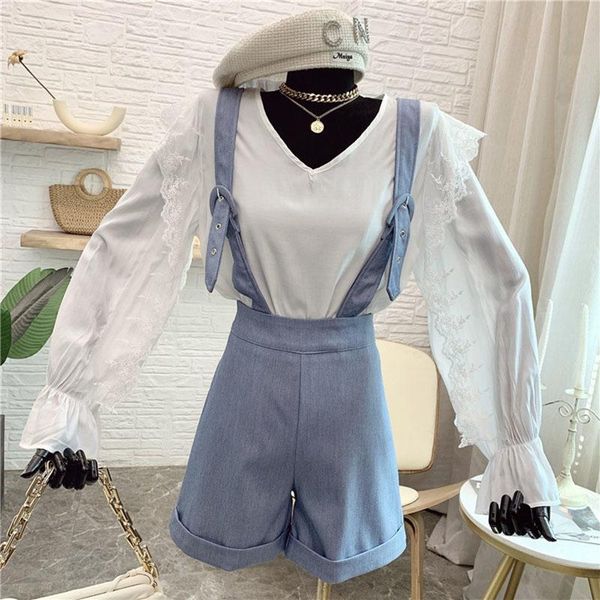 

women's tracksuits suit spring and summer 2021 korean version v-neck ruffled chiffon shirt +jumpsuit shorts two-piece sets trend, Gray