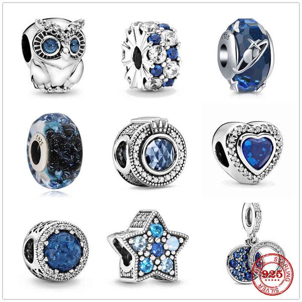 

new original silver shiny sky ocean blue owl bead fit pandora charms 925 beads bracelet for women diy fashion jewelry