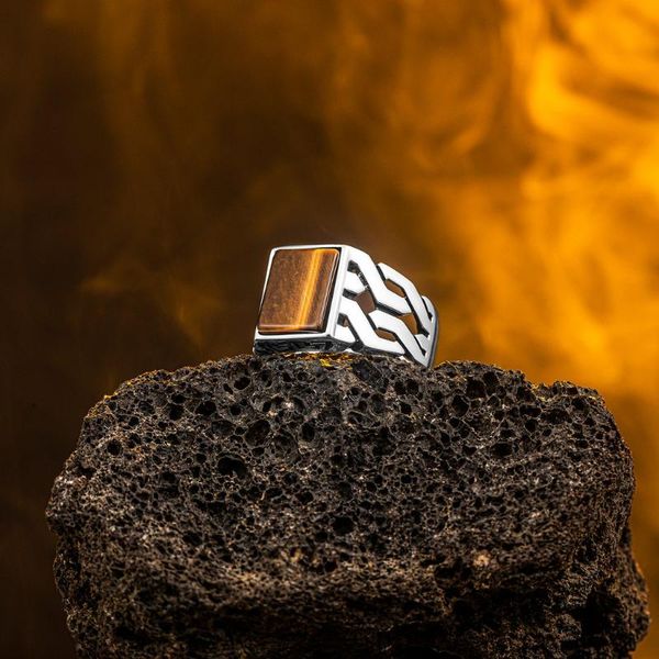

cluster rings solid 925 sterling silver rectangle flat tiger's eye stone men's ring, Golden;silver
