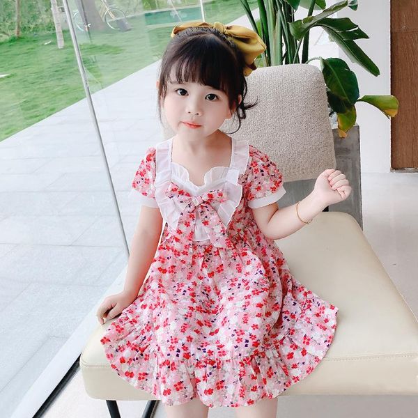 

fashion baby girls casual cute dresses kids party princess vestidos floral ruffles bowtie costumes for 2-6 years girl's, Red;yellow