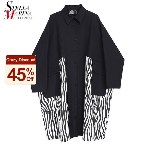 

plus size midi long sleeve woman spring black patchwork shirt dress striped ladies casual streetwear style robe femme 8087 dresses, Black;gray