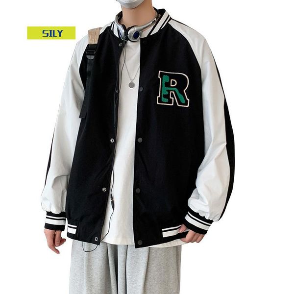 

casual jacket men patchwork baseball letter patch color mens harajuku spring streetwear bomber coats men's jackets, Black;brown