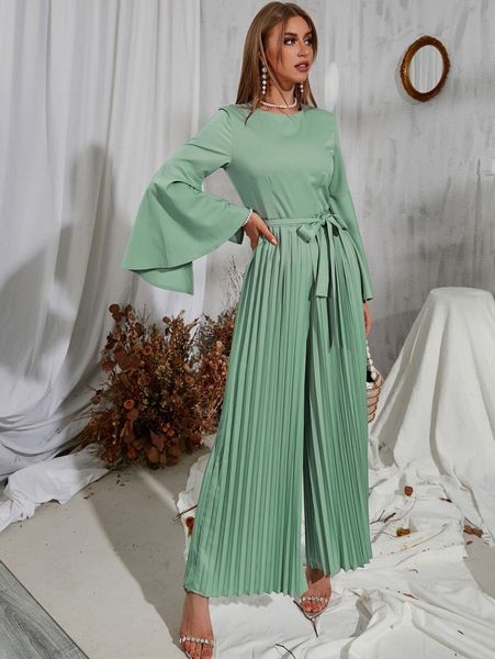 

trumpet sleeve pleated hem belted dress j6zv#, White