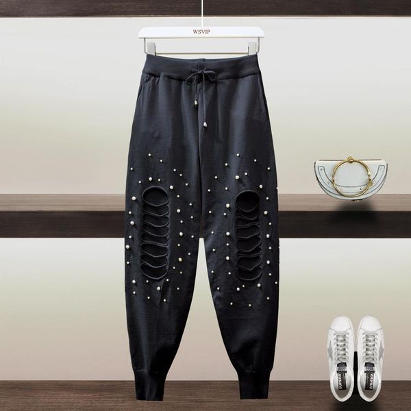 

skirts heavy industry beads ripped harem pants women's ankle-length female casual high waist sweatpants fashion joggers trousers 9, Black