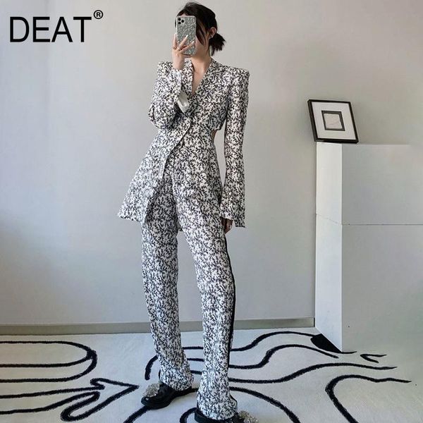 

[deat] 2021 summer fashion tide long sleeve v-neck blazer high waist printing flare pants women two-piece suit 13q214 women's two piece, White