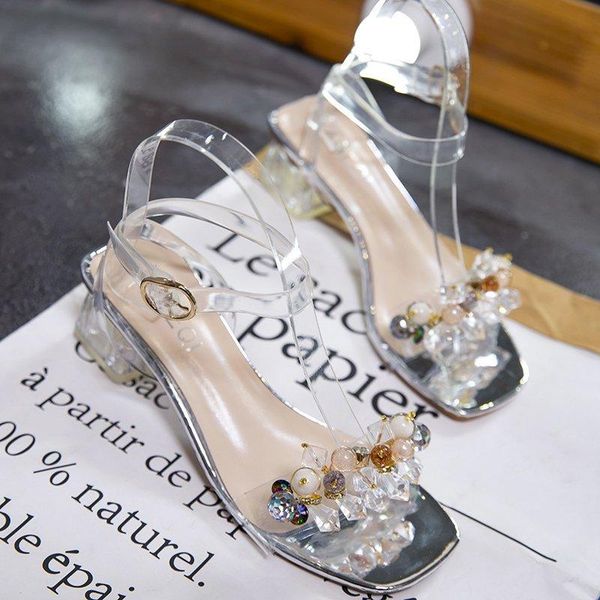 

women's sandals crystal flowers block heel buckle shoes transparent ladys sandalias rome womens mid dress, Black