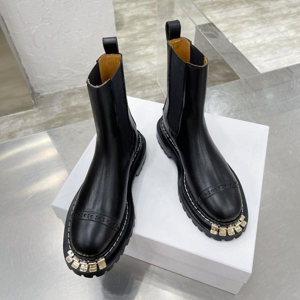 

boots 2021 winter women comfort ankle for woman slip-on shoes metal decor genuine leather round toe, Black