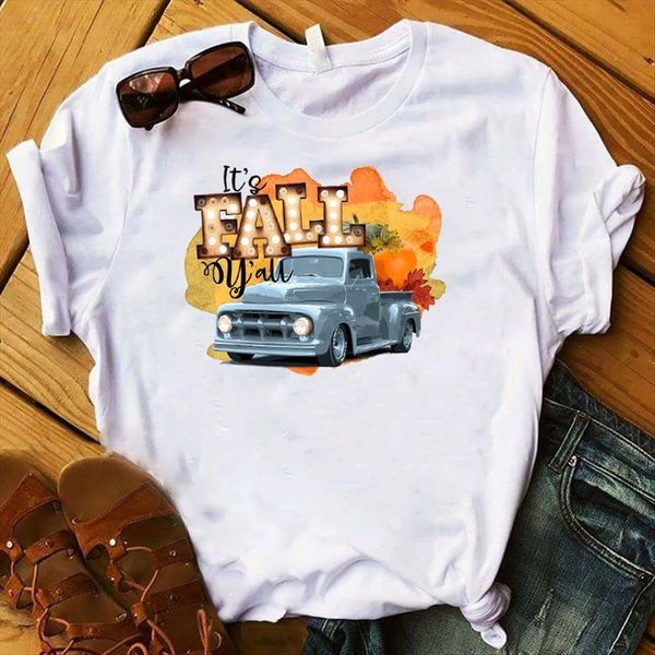 

pumpkin truck halloween print women short sleeve tee graphic, White