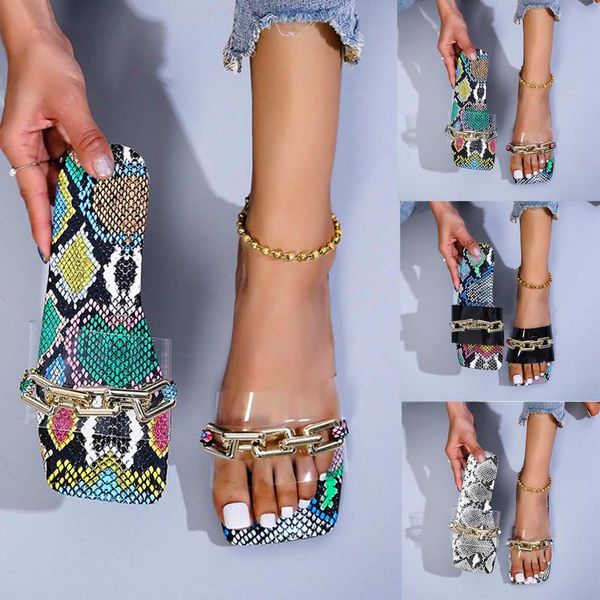 

sandals sandalias slippers women summer metal chain beach flats casual printed shoes plus size de las mujeres, Black