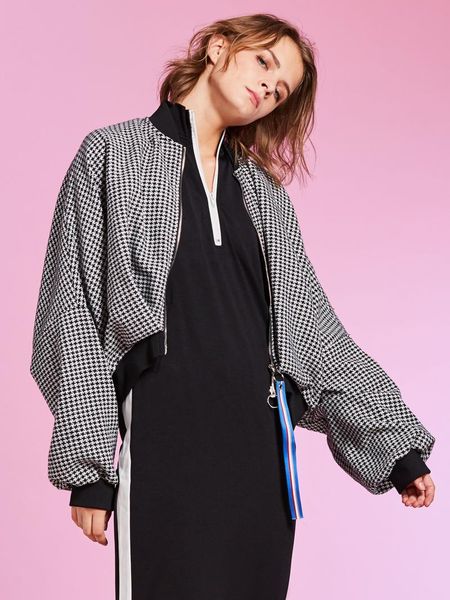 

women's jackets 2021 fashion jacket stand collar batwing sleeve short plaid and houndstooth pattern with zipper casual style looks thin, Black;brown