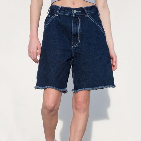 

women's jeans women wide leg longline denim shorts with -cut hem, Blue
