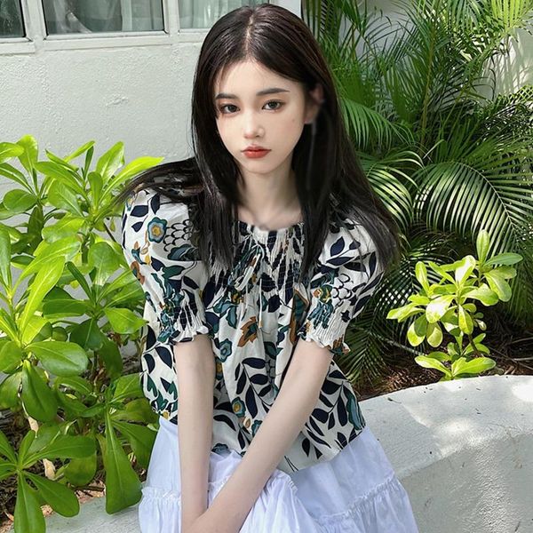 

women's blouses & shirts women short sleeve shirt summer square collar floral printed, White