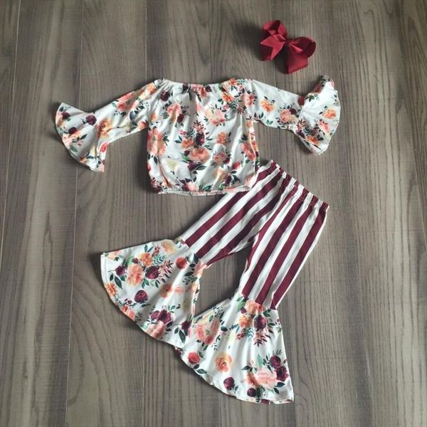 

baby girl clothes girls floral outfits shirt with bell bottom stripe pants fall winter bow, White