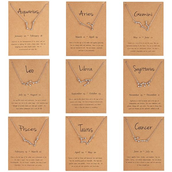 12 Constellation Zodiac Sign Colar para Mulheres Prata Color Jóias Leo Libra Aries Pingente Horóscopo Astrologia Colar