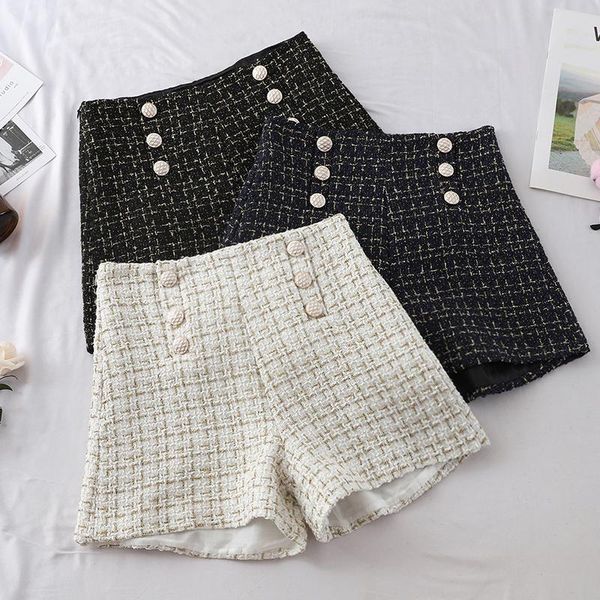

black white causal shorts womens plaid women outside 2021 autumn spring double-breast braided high waist wide legs women's, White;black