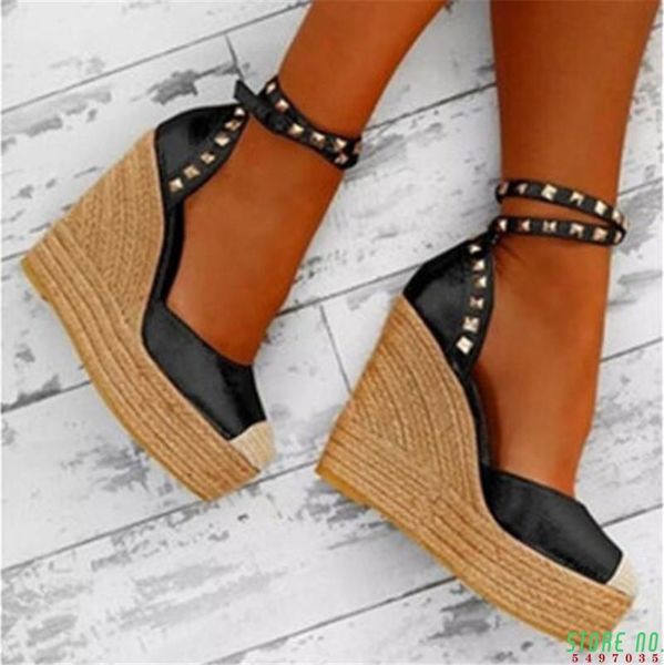

plus size 34-44 fashion women summer open toe wedges sandals buckle strap platform front rear shoes, Black