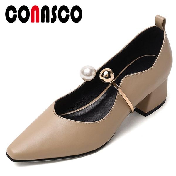 

dress shoes conasco spring summer woman pumps genuine leather elegant casual wedding pearl metal decoration ruffles thick heels, Black