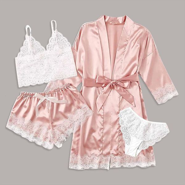 

4 piece garter lingerie womens sleepwears kimono bathrobe nightwear lace solid color robes deep v neck underwear set, Black;red
