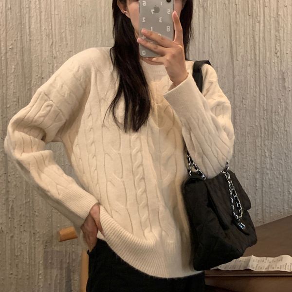 

female korean christmas sweater autumn solid pullovers mesh retro torsion loose neck jumper pull femme, White;black