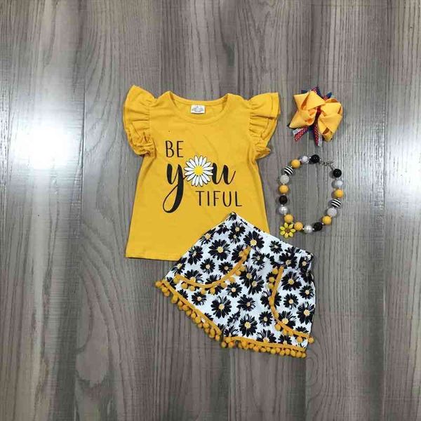 

spring summer baby mustard shirt daisy short outfit with bow and necklace, White