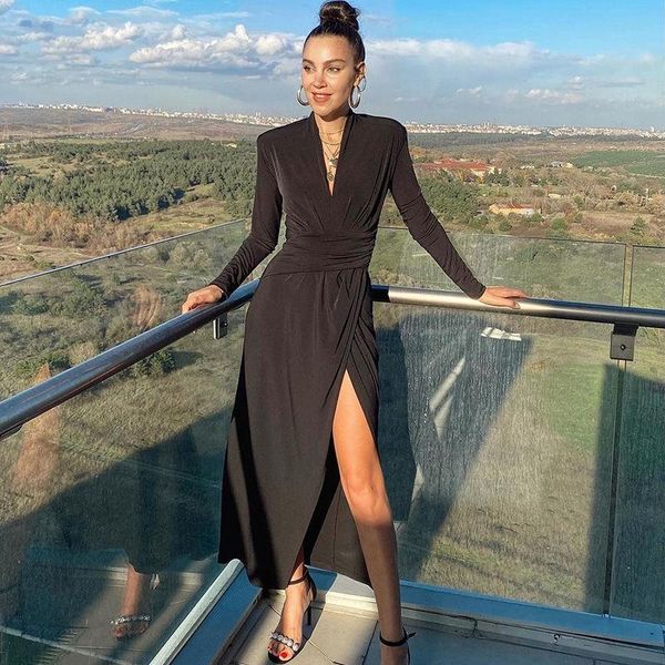 

casual dresses v neck dress fall 2021 fashion shoulder pad slim slit skirt, Black;gray