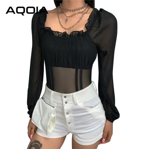 

women's jumpsuits & rompers aqoia off the shoulder transparent women bodysuits skinny long sleeve patchwork ruffles mesh ladies jumpsui, Black;white