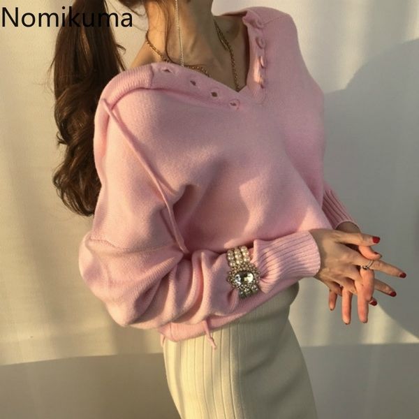 

nomikuma korean buttons drawstring hooded sweater causal long sleeve pullover knitted autumn winter pull femme 6d289 210427, White;black