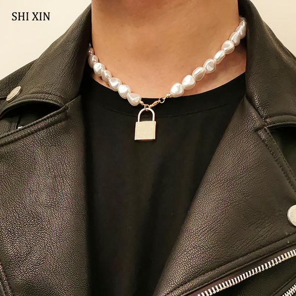 

irregular pearl beads choker necklace with lock pendants necklaces for women fashion padlock men jewelry collar pendant, Silver
