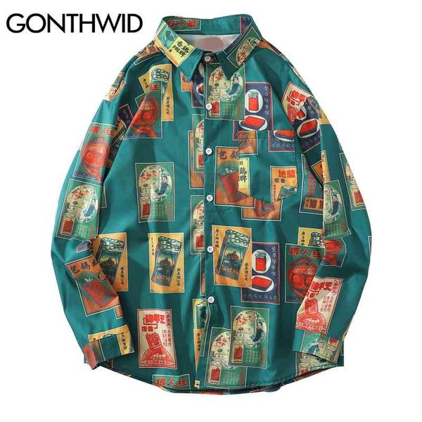 

gonthwid hawaiian beach shirts harajuku vintage poster print long sleeve aloha party holiday shirt mens casual button down 210331, White;black