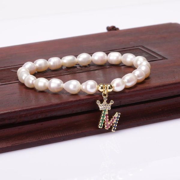 

charm bracelets simple fashion style women men freshwater pearl beaded charms bracelet a-z letter mixed cz 26 initials pendant bangle, Golden;silver