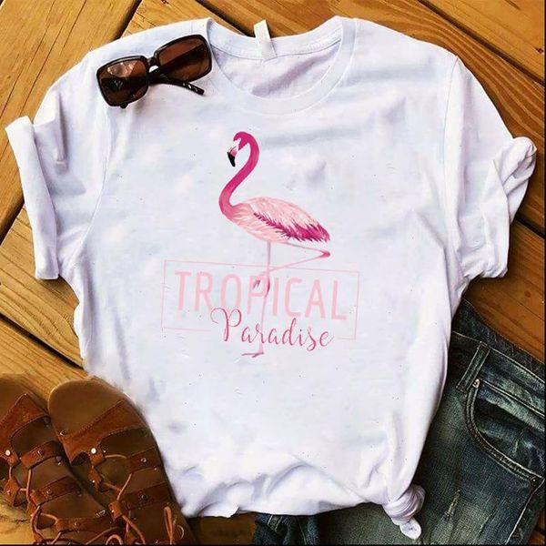 

tropical paradise print women short sleeve loose clothes graphic, White
