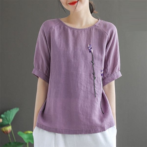 T-Shirts Frauen Sommer Vintage Blumenstickerei Casual Tops Hemd Neue Mode Allgleiches Baumwolle Leinen Weibliches T-Shirt P683 210401