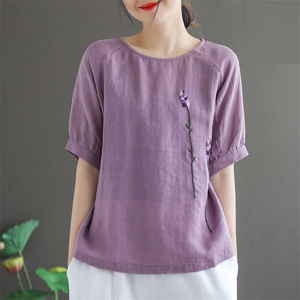 

t-shirts women summer vintage floral embroidery casual shirt new fashion all-match cotton linen female tee shirt p683 210401, White