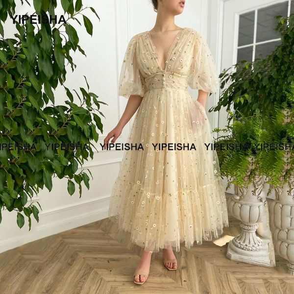 

party dresses yipeisha a line short prom puffy sleeves v neck daisy flowers ankle length graduation gowns 2021 homecoming dress, White;black