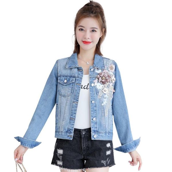 

women's jackets embroidered flower denim jacket spring and autumn korean version sweet loose thin long, Black;brown