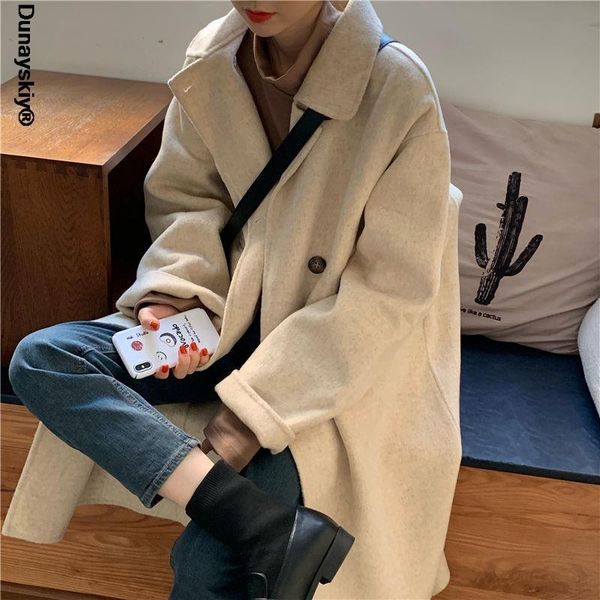 

women's wool & blends women double breasted suit collar solid loose fashion ulzzang all-match overcoat womens casual korean style chic, Black