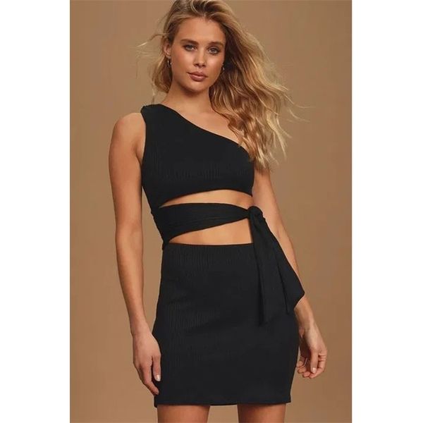 

two piece dress summer fashion women's wear black single shoulder sleeve belt mini short 4ibi, White