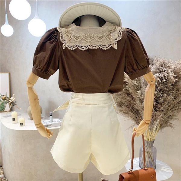 

women's tracksuits clothing summer 2021 two-piece korean retro lace doll collar puff sleeve shirt and high-waist wide-leg shorts, Gray