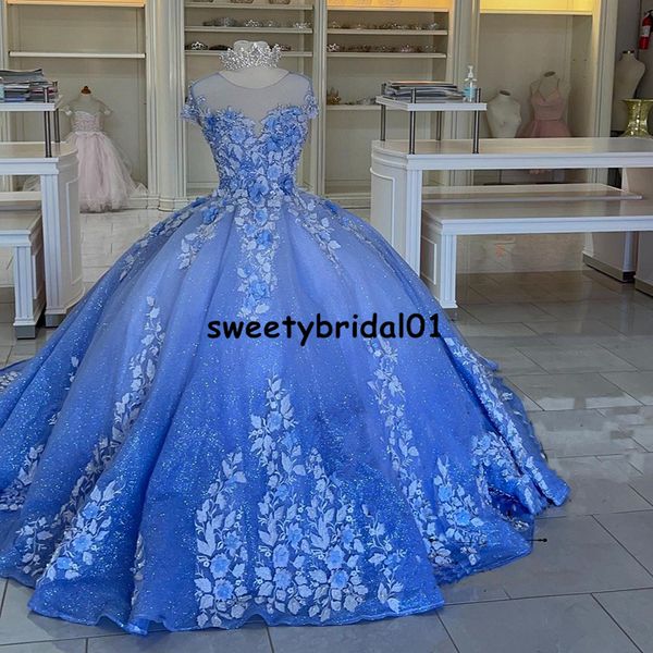 

blue sheer neck vestidos de xv aÃ±os 2021 short sleeves prom dress for girl appliques quinceanera sweet 15 16 party wear, Blue;red