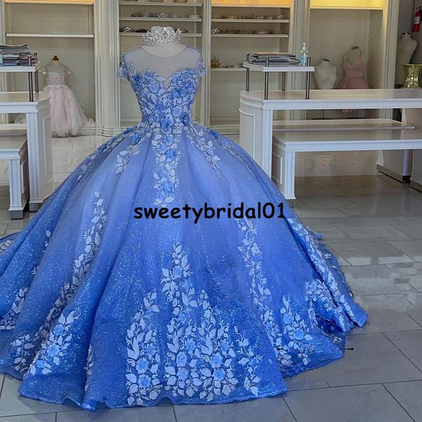 Blaues transparentes Ausschnitt-Abendkleid für Mädchen aus dem Jahr 2021 mit kurzen Ärmeln und Applikationen für Quinceanera-Partys im Alter von 15 bis 16 Jahren