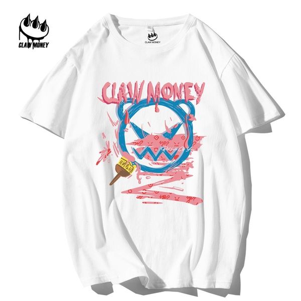 

clay money cotton short t-shirt men's summer drop shoulder round neck print loose trend handsome half sleeve t-shirt, White;black