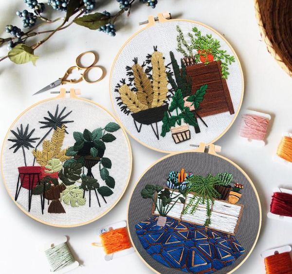 

other arts and crafts green potted plants pattern printed diy embroidery set needlework tools fabric round sewing craft kit for beginner wal