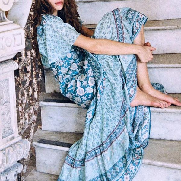 

boho long vintage cotton women dresses rayon floral printed v neck short sleeve bohemia summer beach vestidos, Black;gray