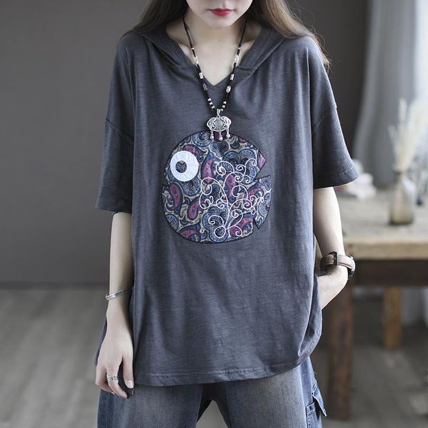 

women's t-shirt summer t-shirts women office lady style patchwork print loose hooded female vintage fashion, White