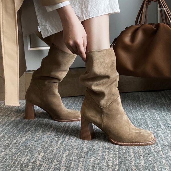 

boots arden furtado 2021 spring autumn pointed toe chunky heels pleated half slip on11, Black