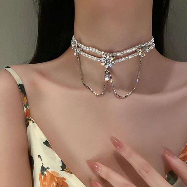 

chokers retro baroque diamond necklaces for women flower crystal choker necklace long tassel pendant pearl neckband wedding jewelry gift, Golden;silver