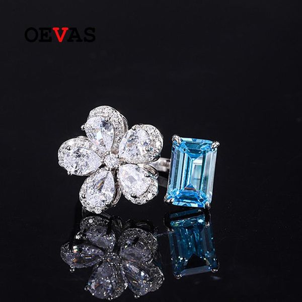 

cluster rings oevas 100% 925 sterling silver 8*12mm aquamarine high carbon diamond resizable flower for women sparkling fine jewelry, Golden;silver