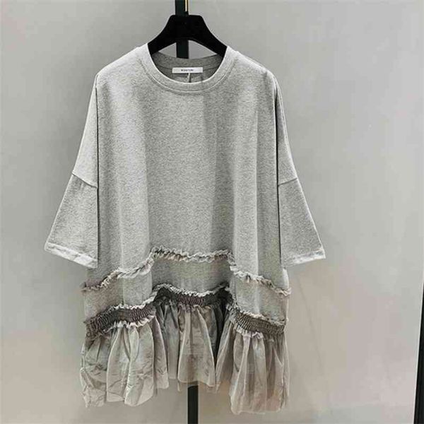 

[ewq] spring sweet t-shirt mesh stitching student plus size short sleeved summer t shirt oversize pullover shirts black 210401, White